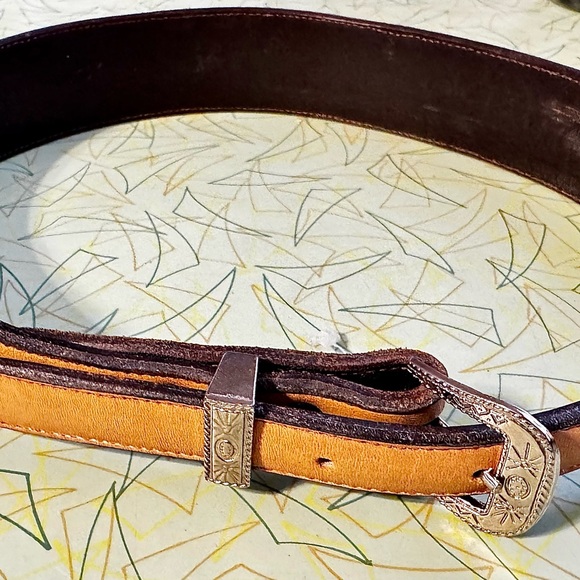 Vintage Western Larry Mahan Tan Leather Belt Pink Hearts Silver Buckle Sz 24 - Picture 3 of 16